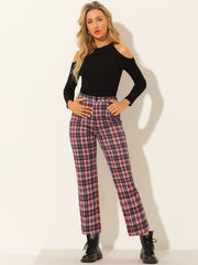 Plaid Cropped Trousers Button Casual Tartan Check Work Pants