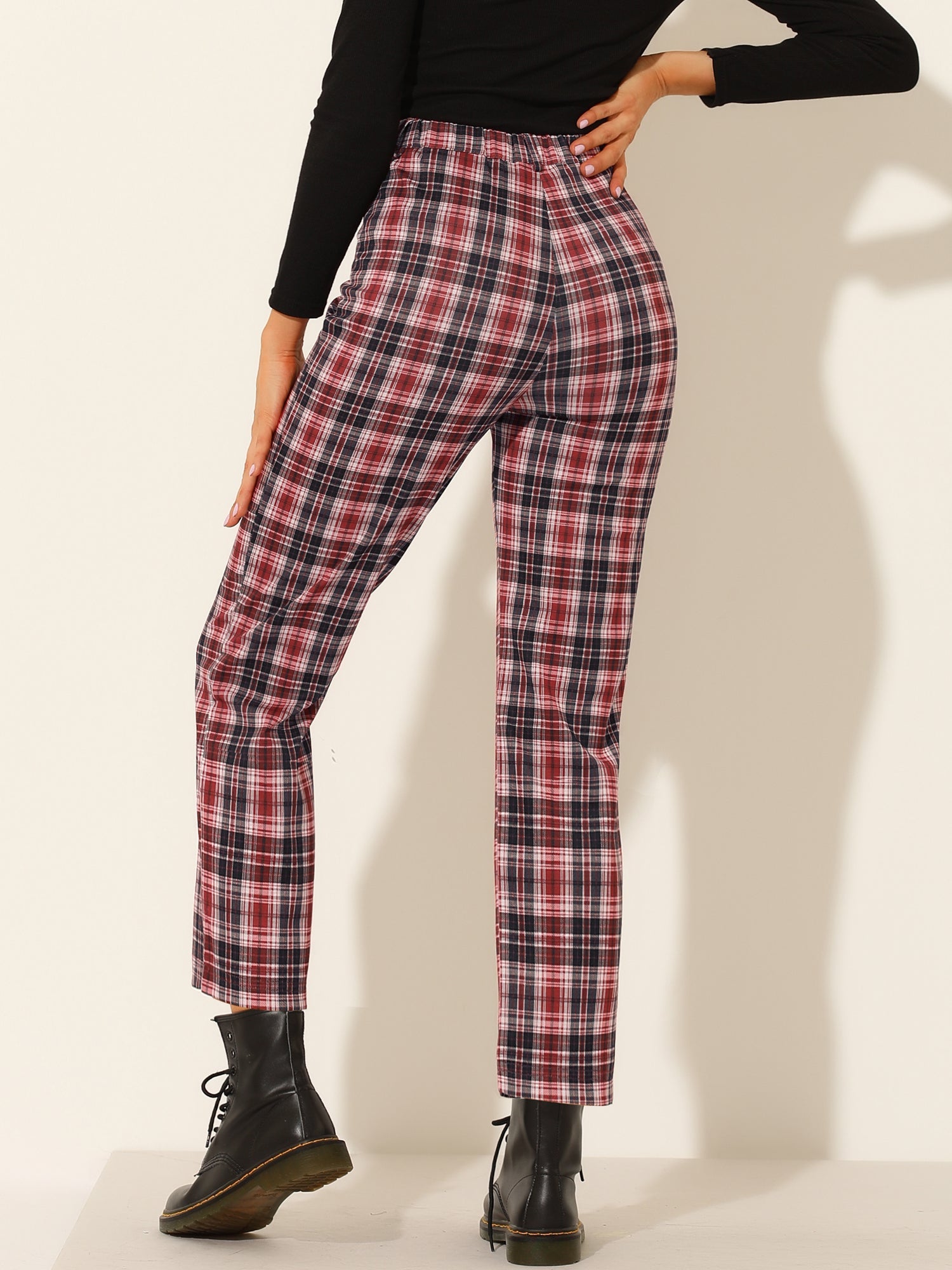 Plaid Cropped Trousers Button Casual Tartan Check Work Pants