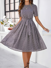 Casual Polka Dot Lace-Up Midi A-Line Dress