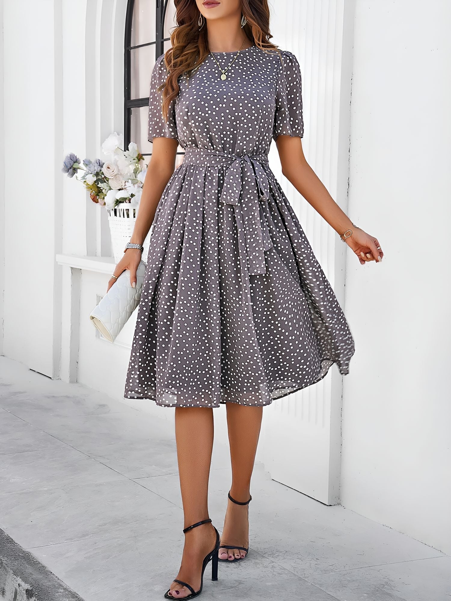 Casual Polka Dot Lace-Up Midi A-Line Dress