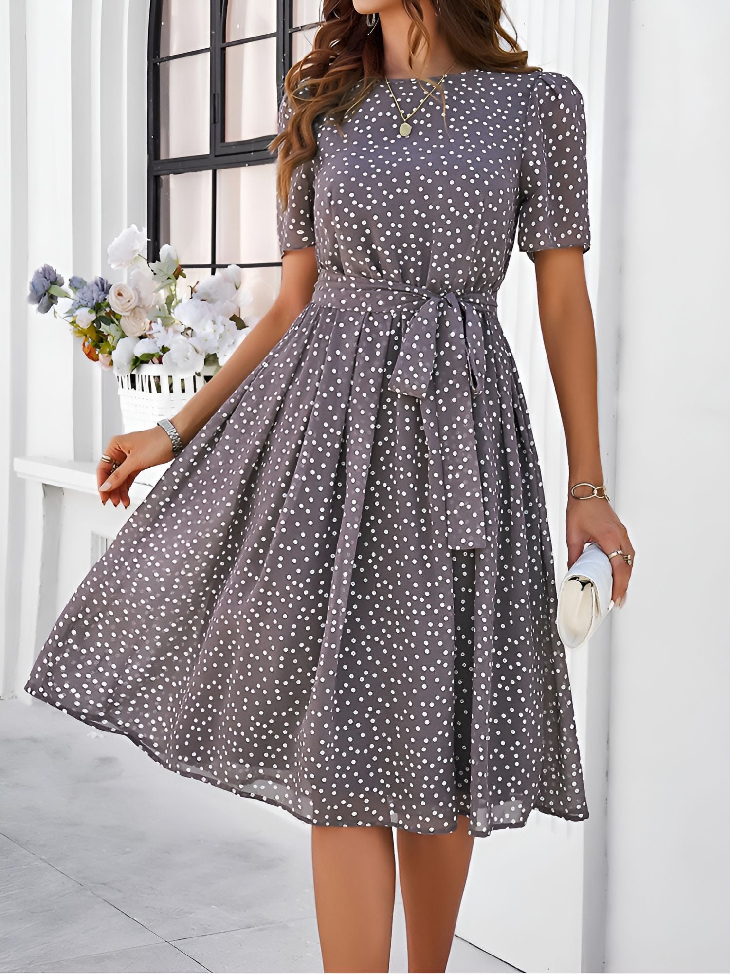 Casual Polka Dot Lace-Up Midi A-Line Dress