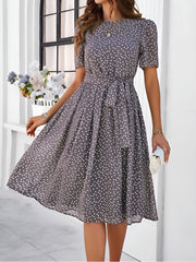 Casual Polka Dot Lace-Up Midi A-Line Dress