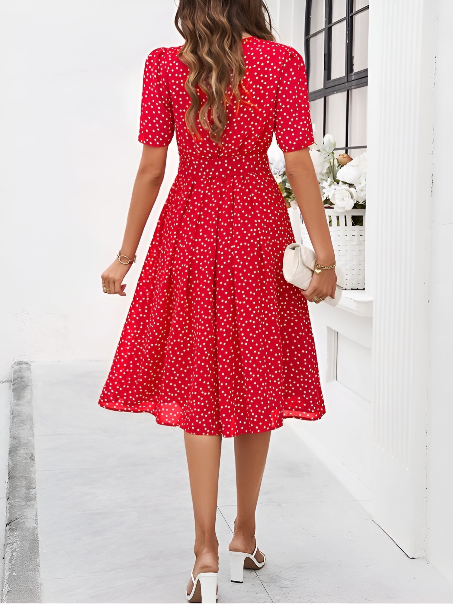 Casual Polka Dot Lace-Up Midi A-Line Dress