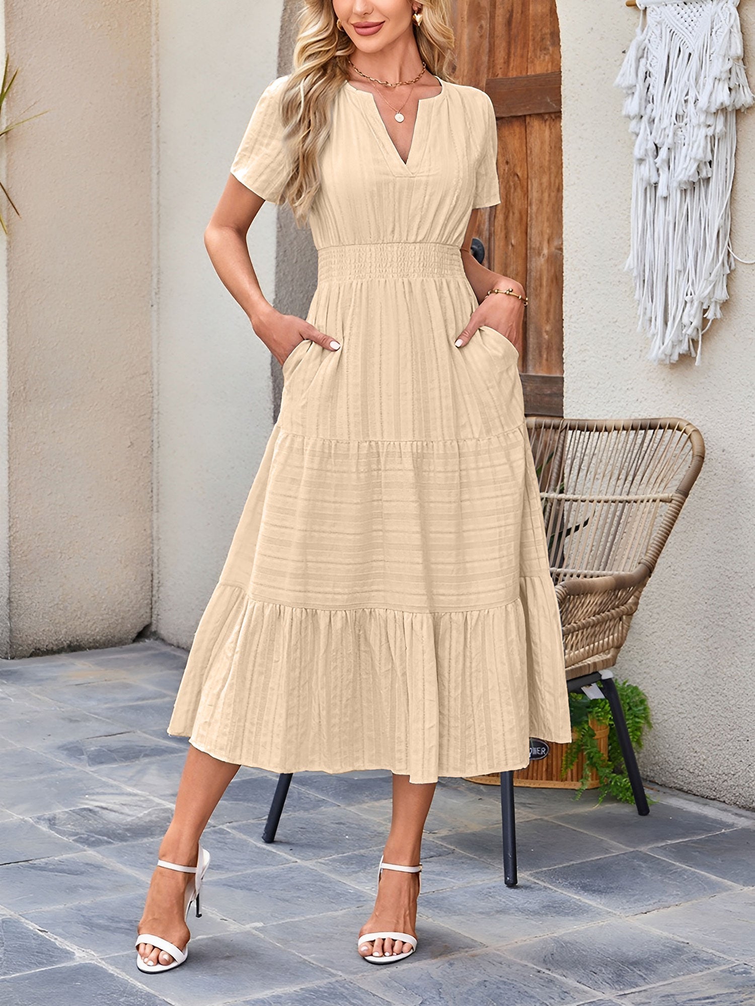 Women's Casual Notch Neck Puff Sleeve Smocked Waist Tiered Midi Dress with Pockets Summer Chic