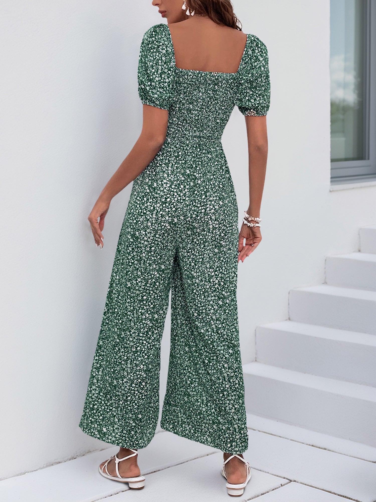 Square Neck Puff Sleeve Printed Smocked Pocketed Wide Legs Jumpsuit