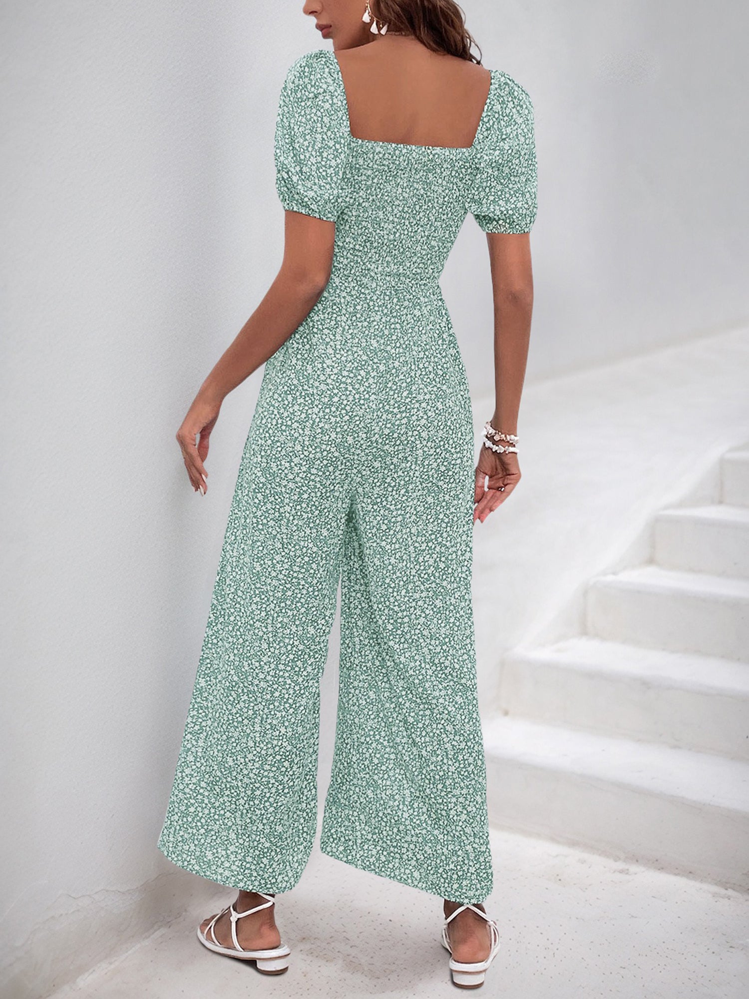 Square Neck Puff Sleeve Printed Smocked Pocketed Wide Legs Jumpsuit