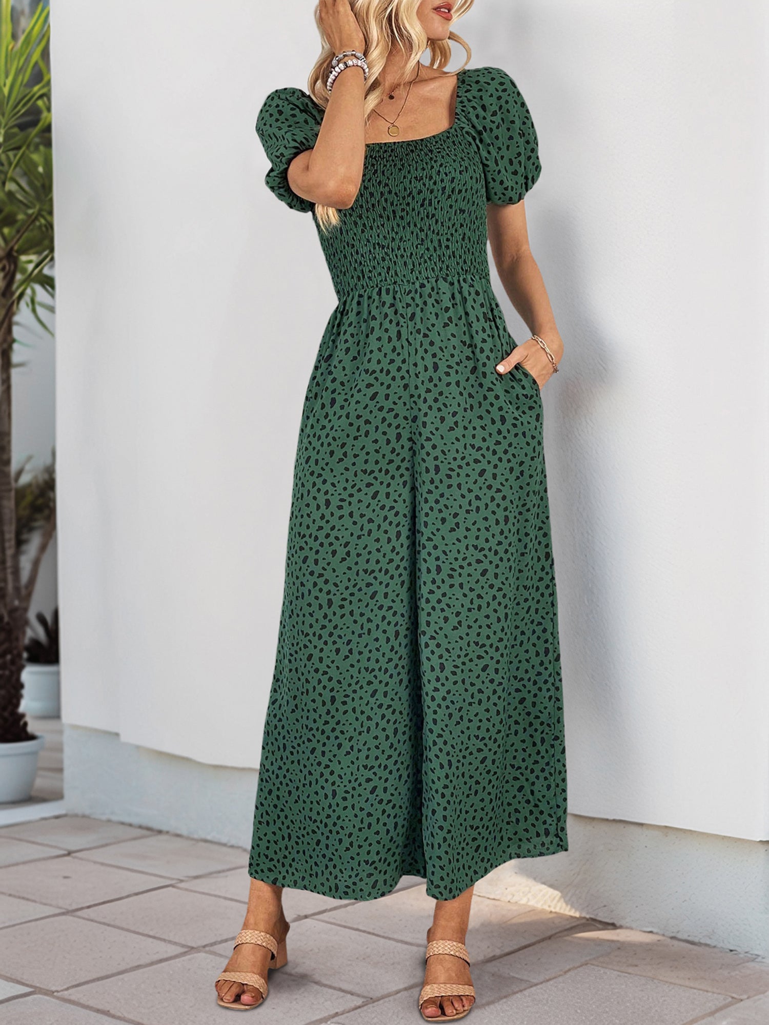 Square Neck Puff Sleeve Printed Smocked Pocketed Wide Legs Jumpsuit