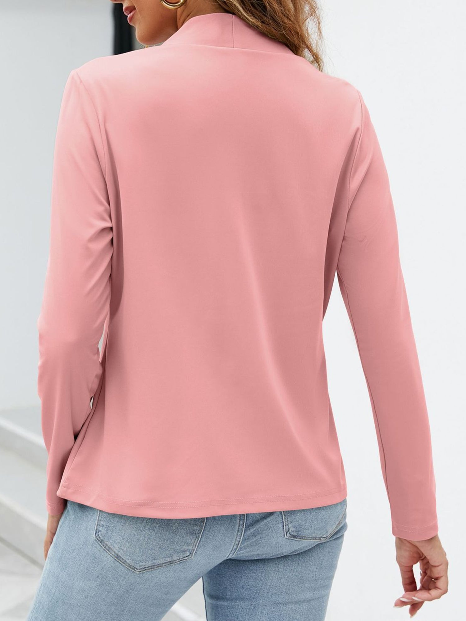 Collarless Open Front Pocketed Long Sleeves Jacket