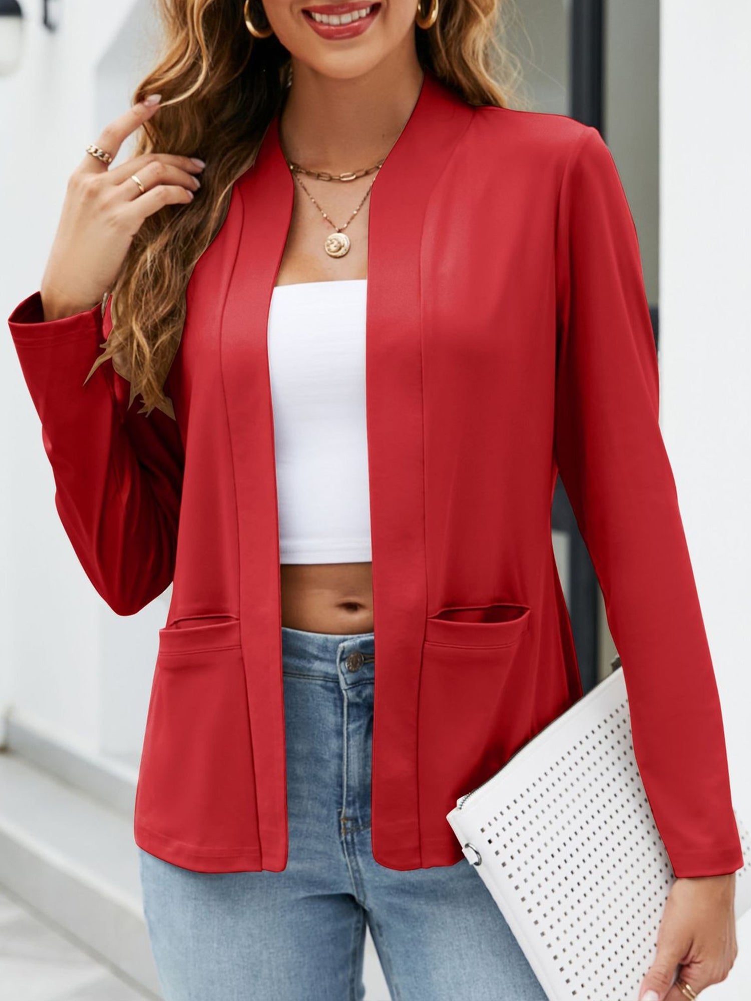 Collarless Open Front Pocketed Long Sleeves Jacket