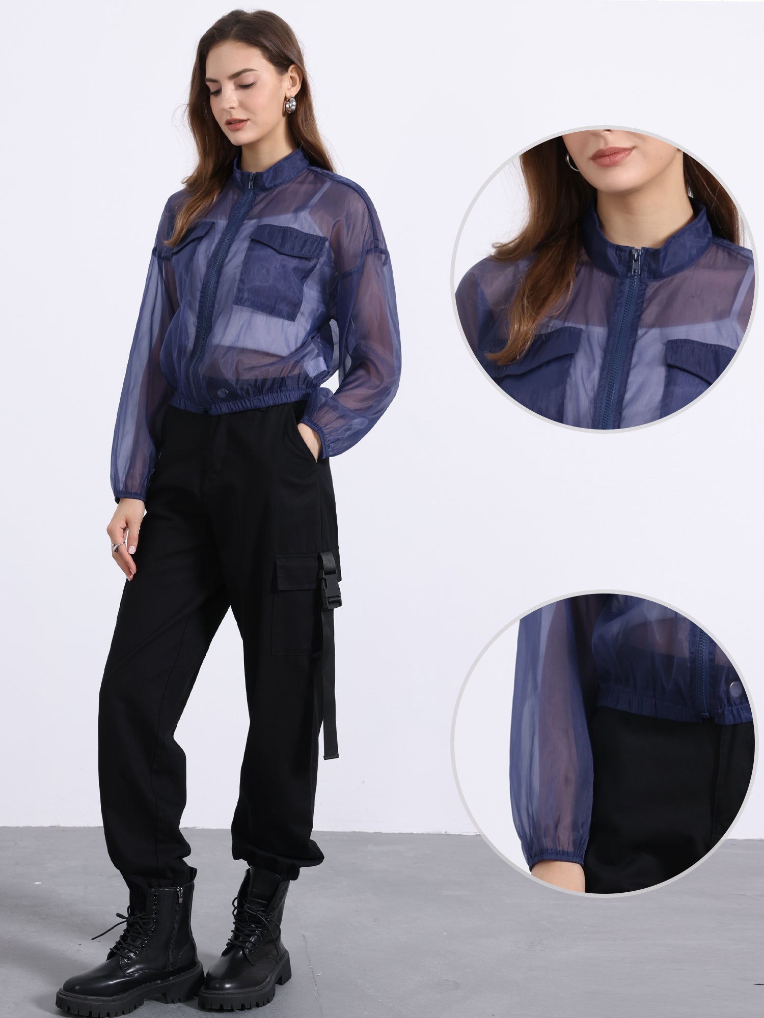 Sheer Zip Up Long Sleeve See Through Bomber Jacket