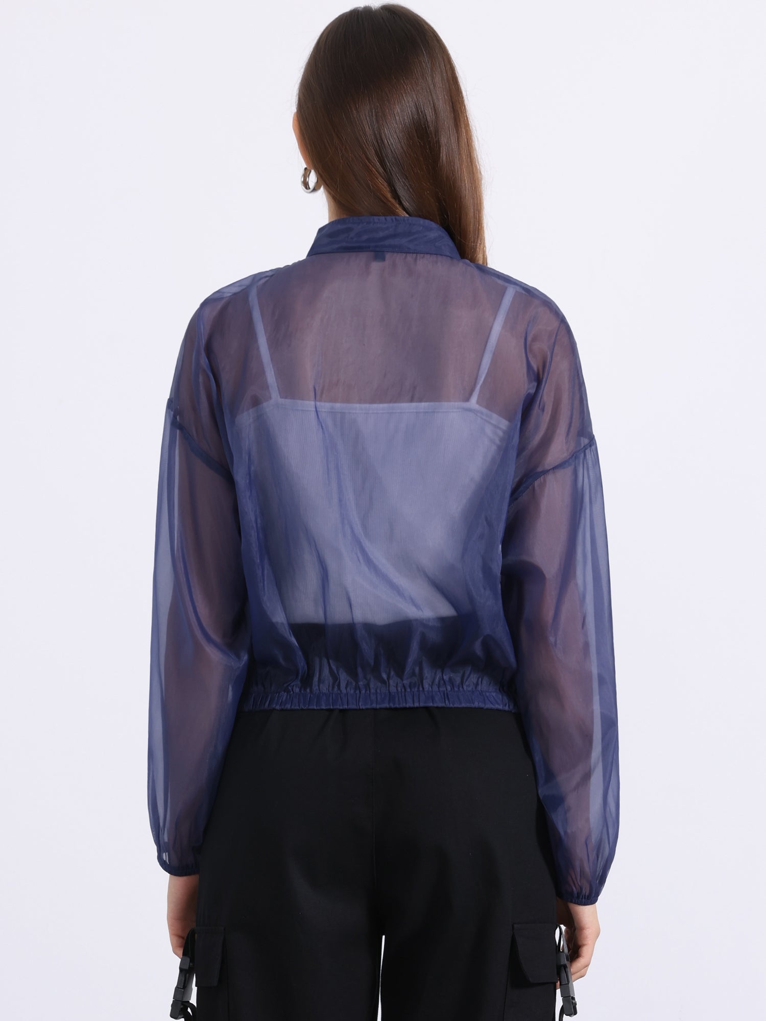 Sheer Zip Up Long Sleeve See Through Bomber Jacket