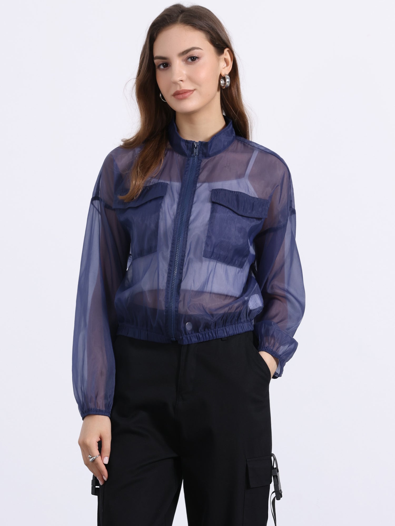 Sheer Zip Up Long Sleeve See Through Bomber Jacket
