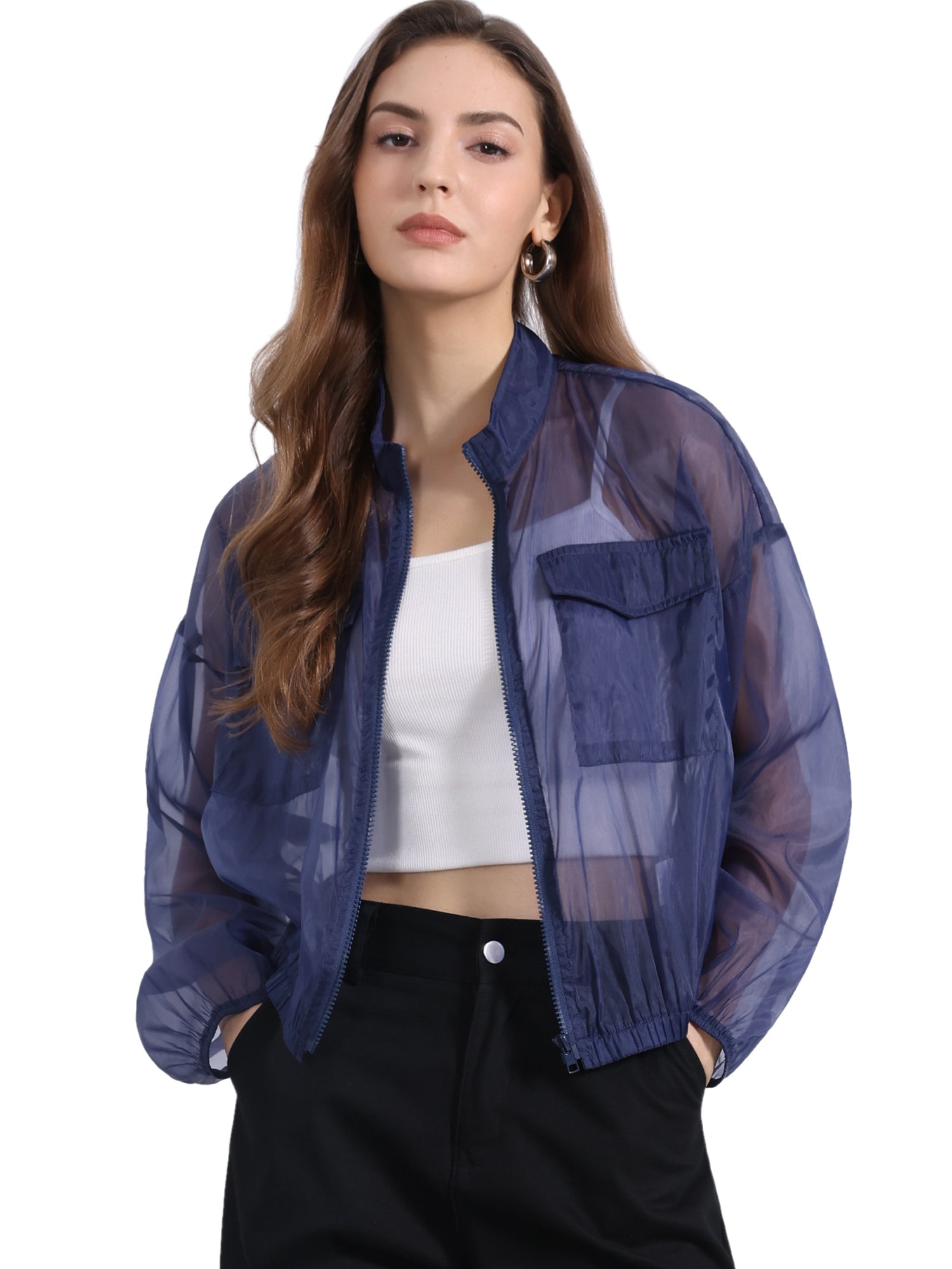 Sheer Zip Up Long Sleeve See Through Bomber Jacket