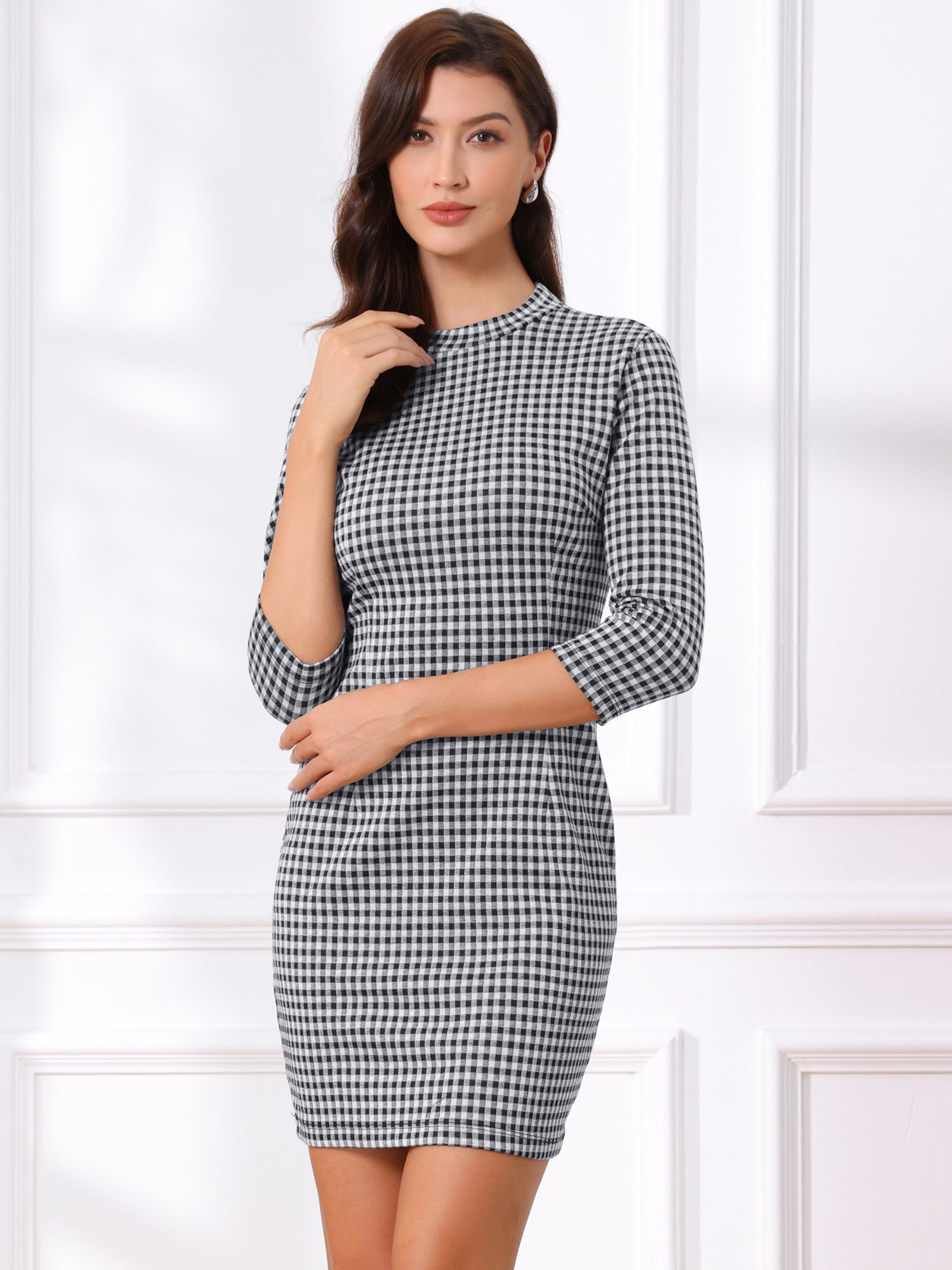Mock Neck 3/4 Sleeve Slim Check Office Work Plaid Dress