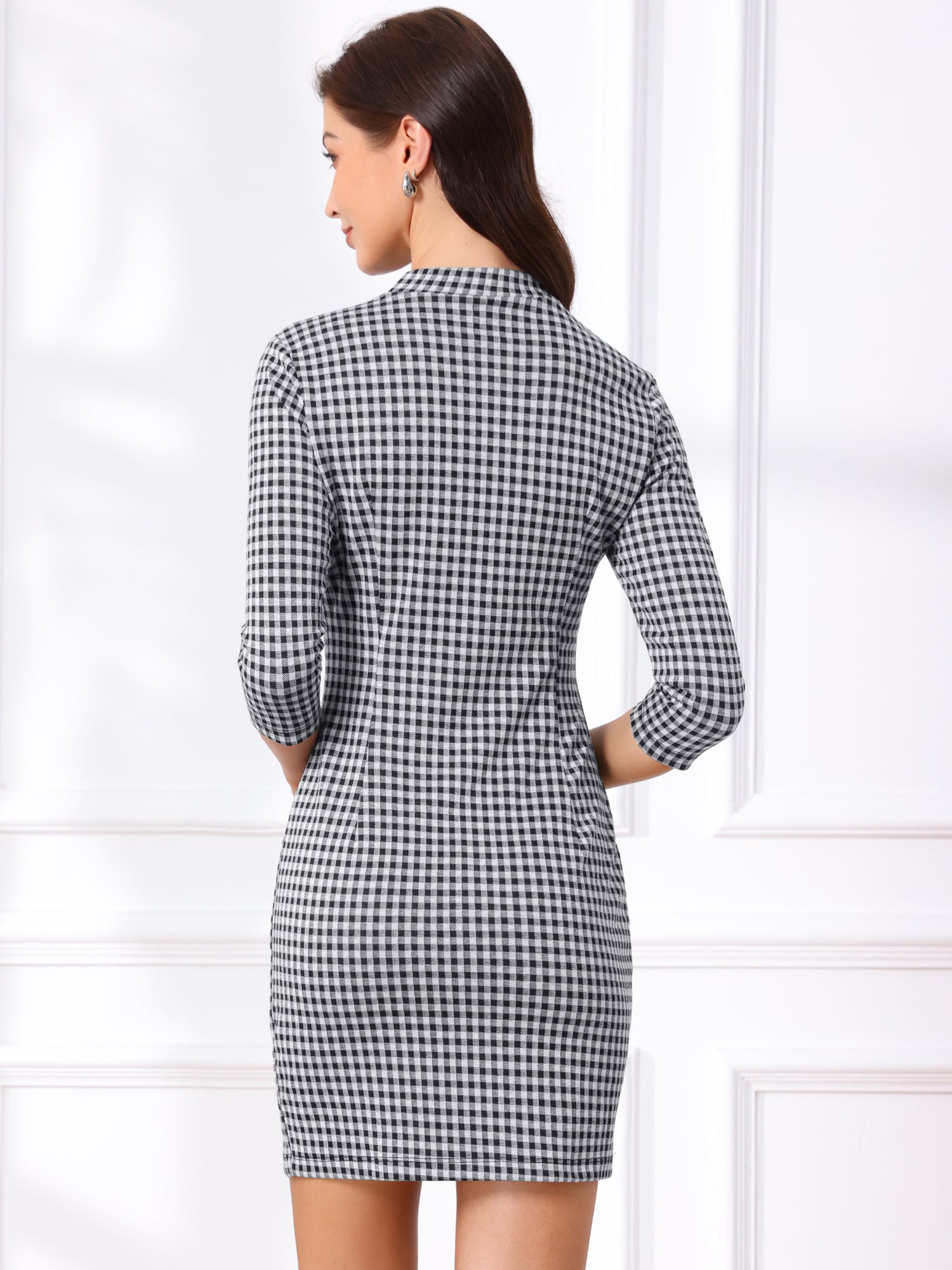 Mock Neck 3/4 Sleeve Slim Check Office Work Plaid Dress