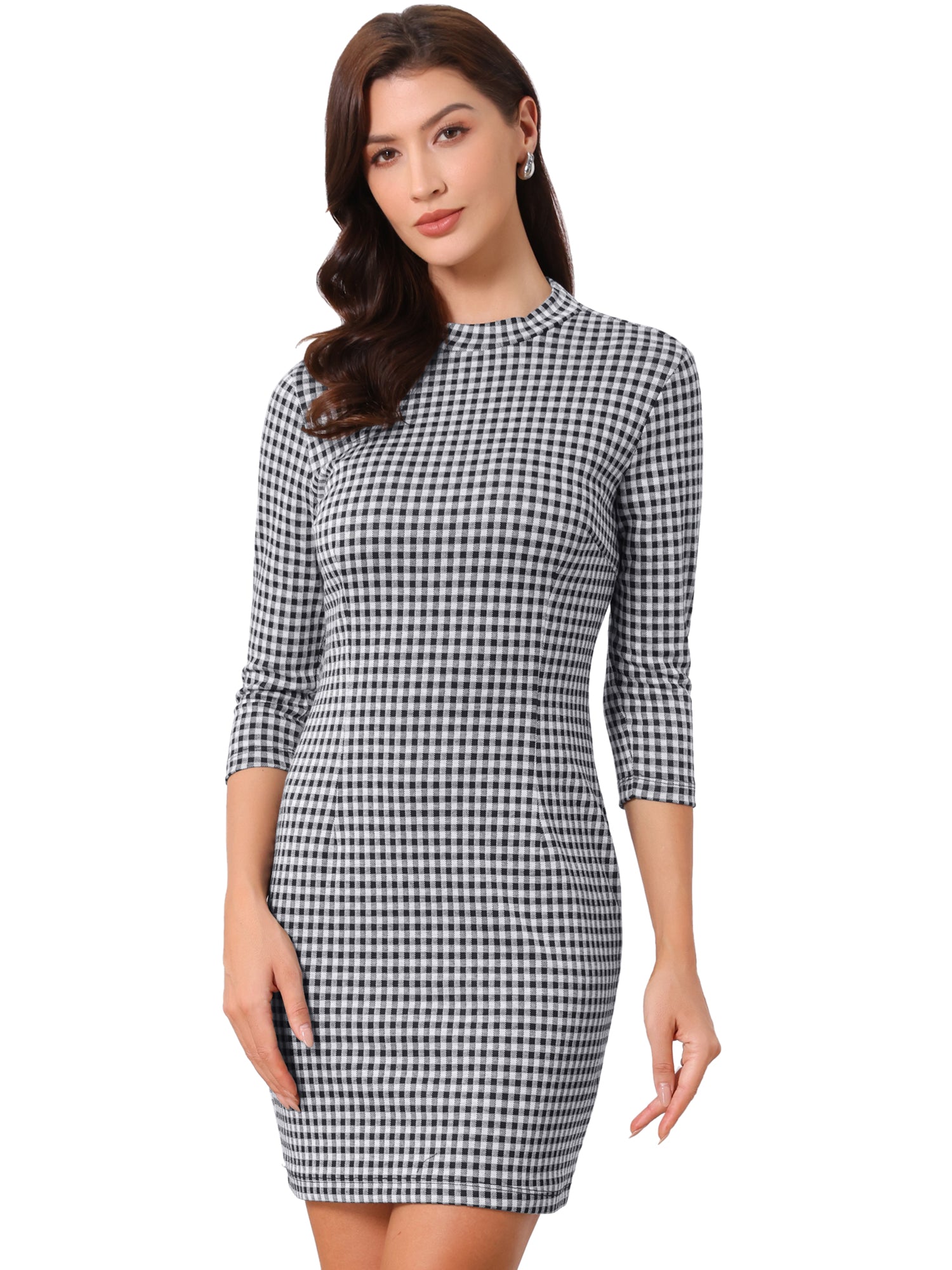 Mock Neck 3/4 Sleeve Slim Check Office Work Plaid Dress