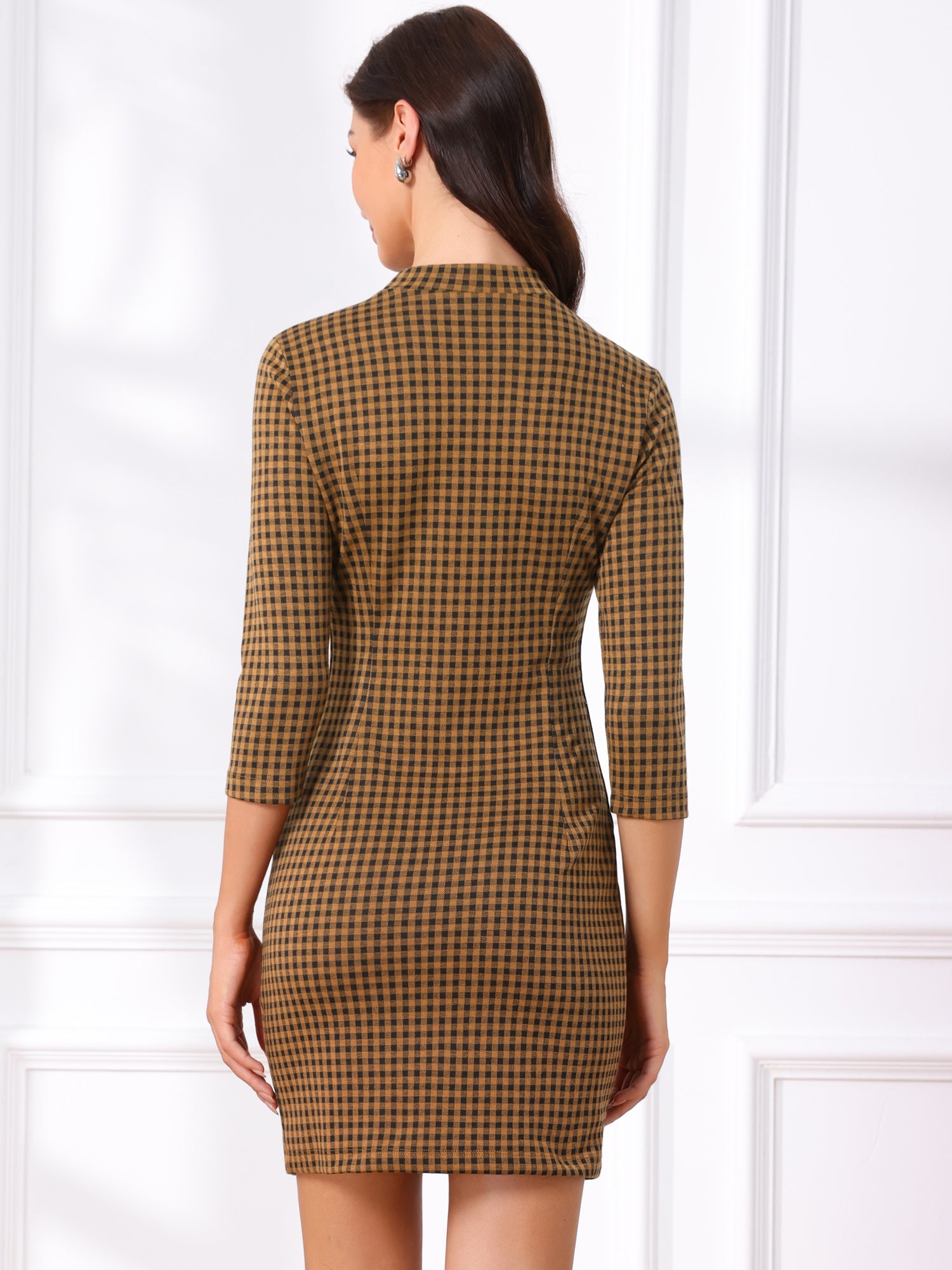 Mock Neck 3/4 Sleeve Slim Check Office Work Plaid Dress