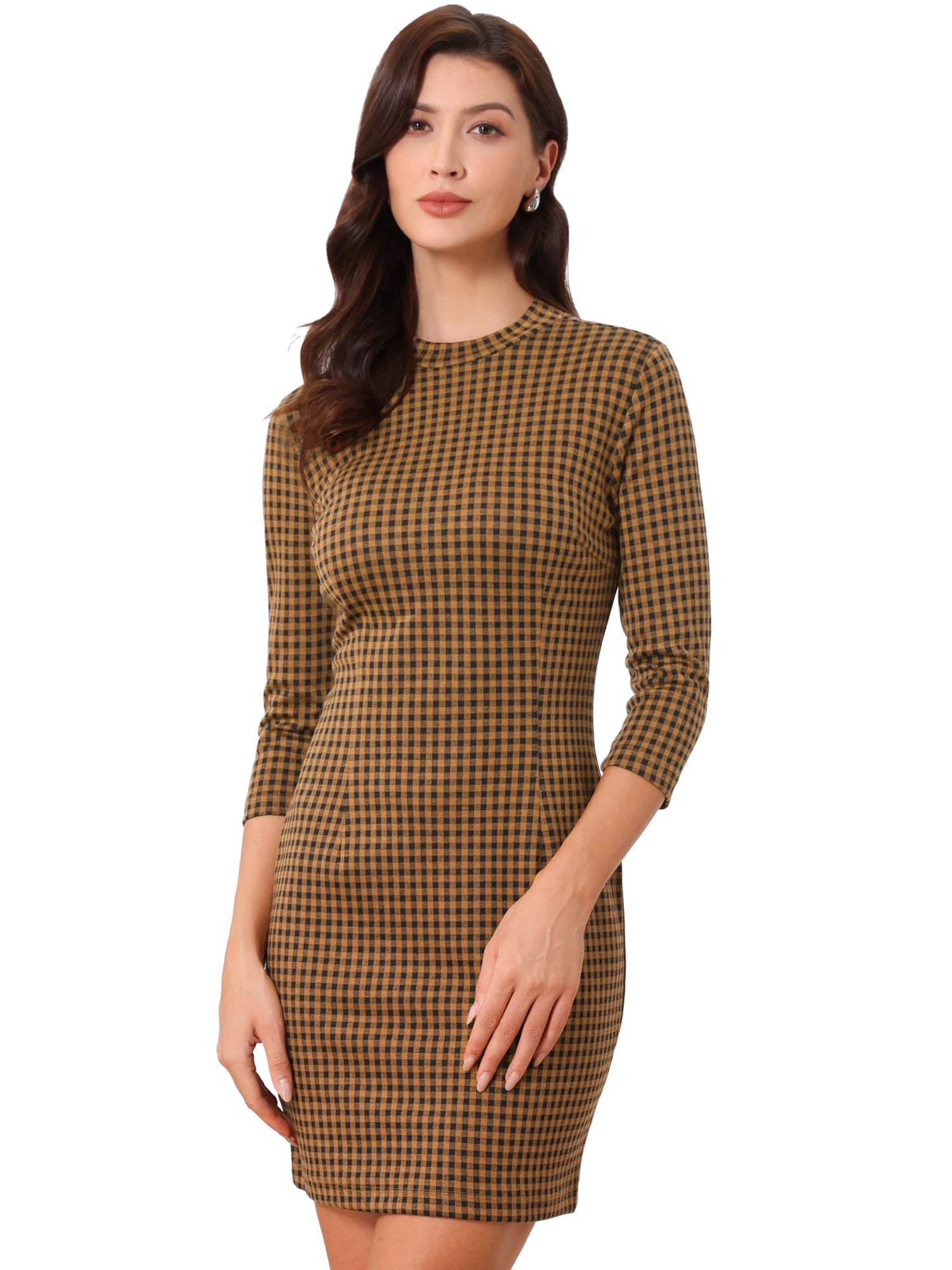 Mock Neck 3/4 Sleeve Slim Check Office Work Plaid Dress