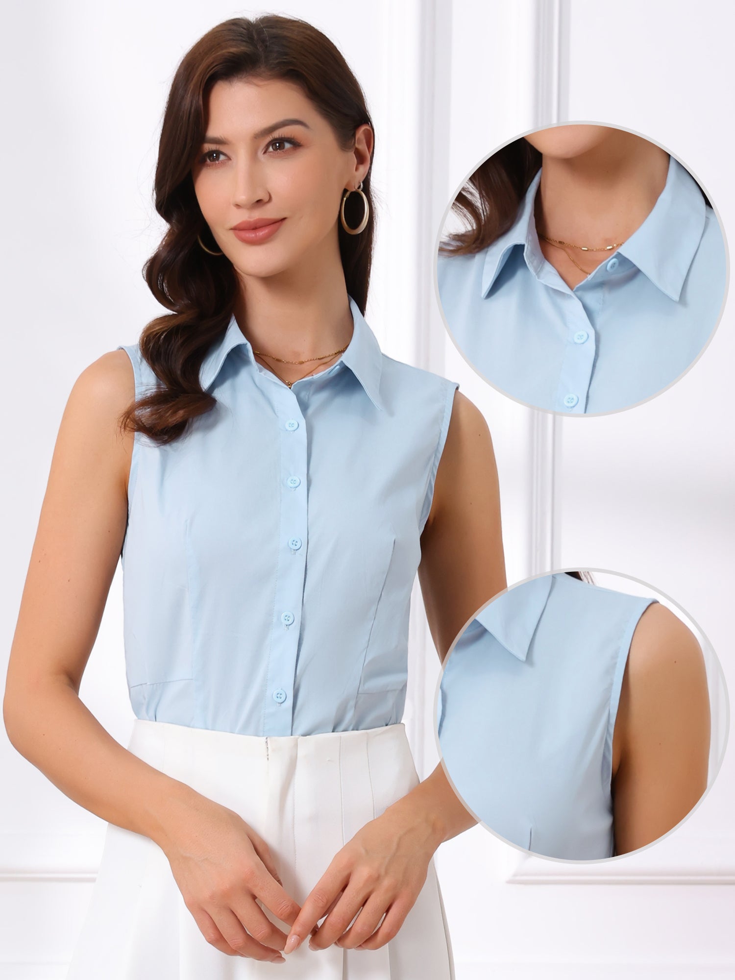 Sleeveless Collared Business Work Button Down Leotard Shirt Bodysuit