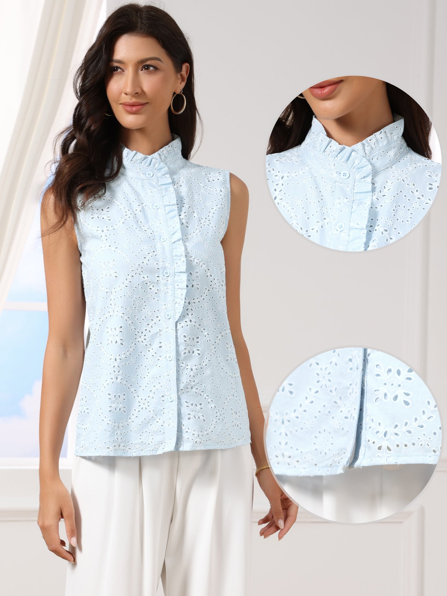 Cotton Eyelet Ruffled Mock Neck Button Down Sleeveless Blouse