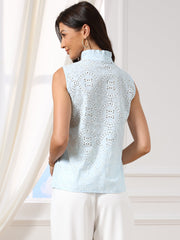 Cotton Eyelet Ruffled Mock Neck Button Down Sleeveless Blouse