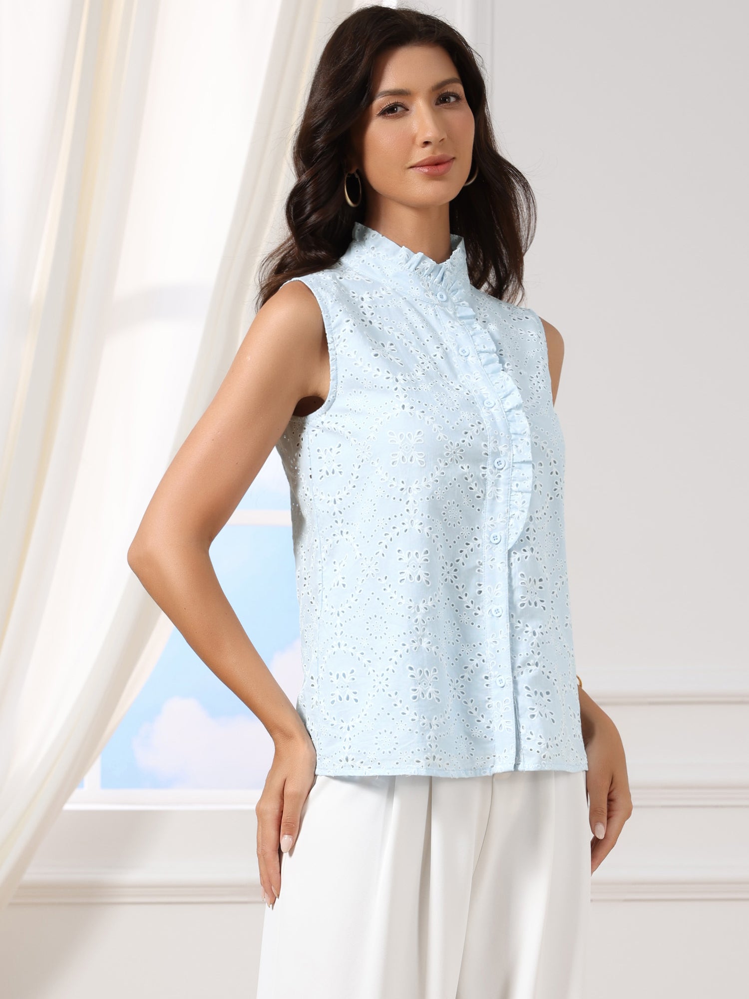 Cotton Eyelet Ruffled Mock Neck Button Down Sleeveless Blouse