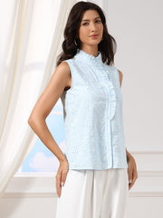 Cotton Eyelet Ruffled Mock Neck Button Down Sleeveless Blouse