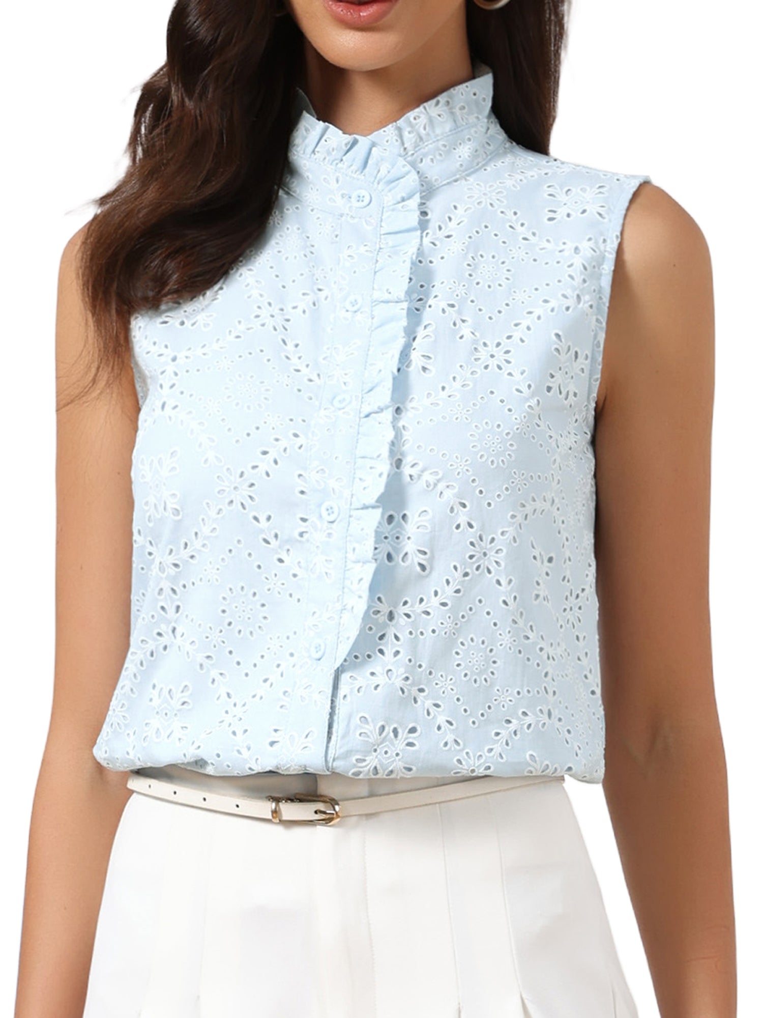 Cotton Eyelet Ruffled Mock Neck Button Down Sleeveless Blouse