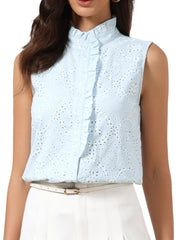 Cotton Eyelet Ruffled Mock Neck Button Down Sleeveless Blouse