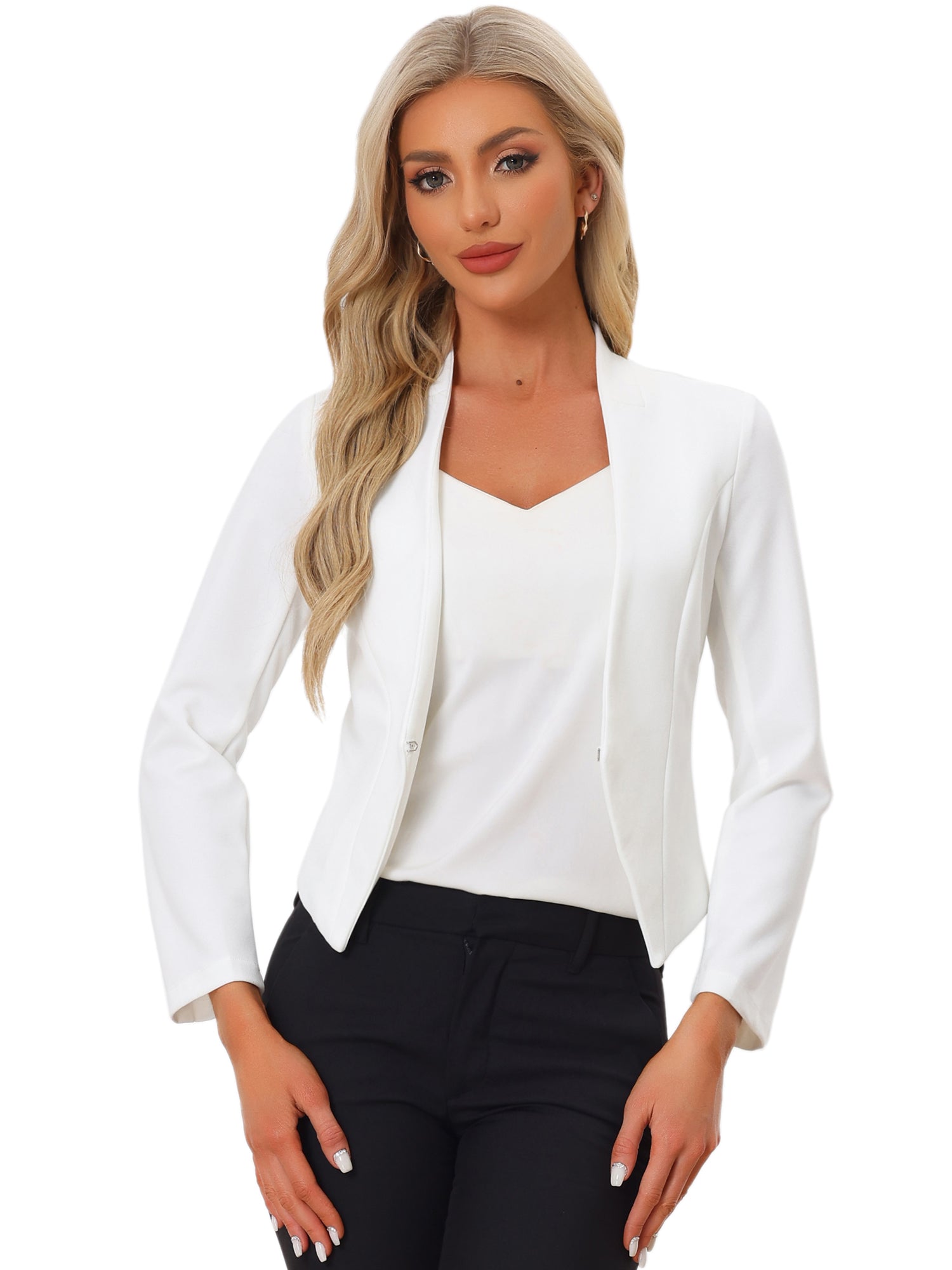 Collarless Solid Color Cropped Office Blazer Jacket