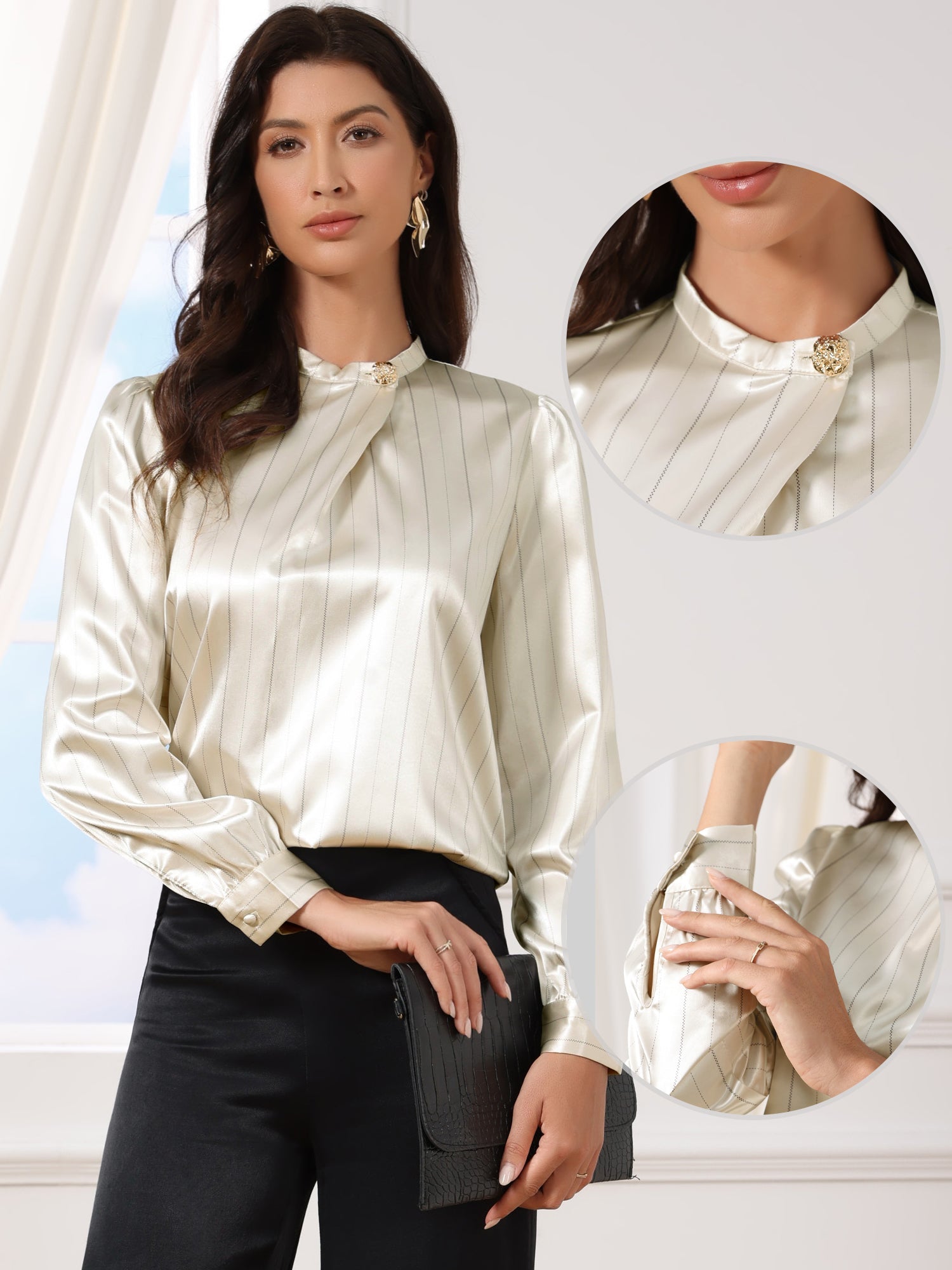 Satin Stand Collar Long Sleeve Dressy Work Blouse