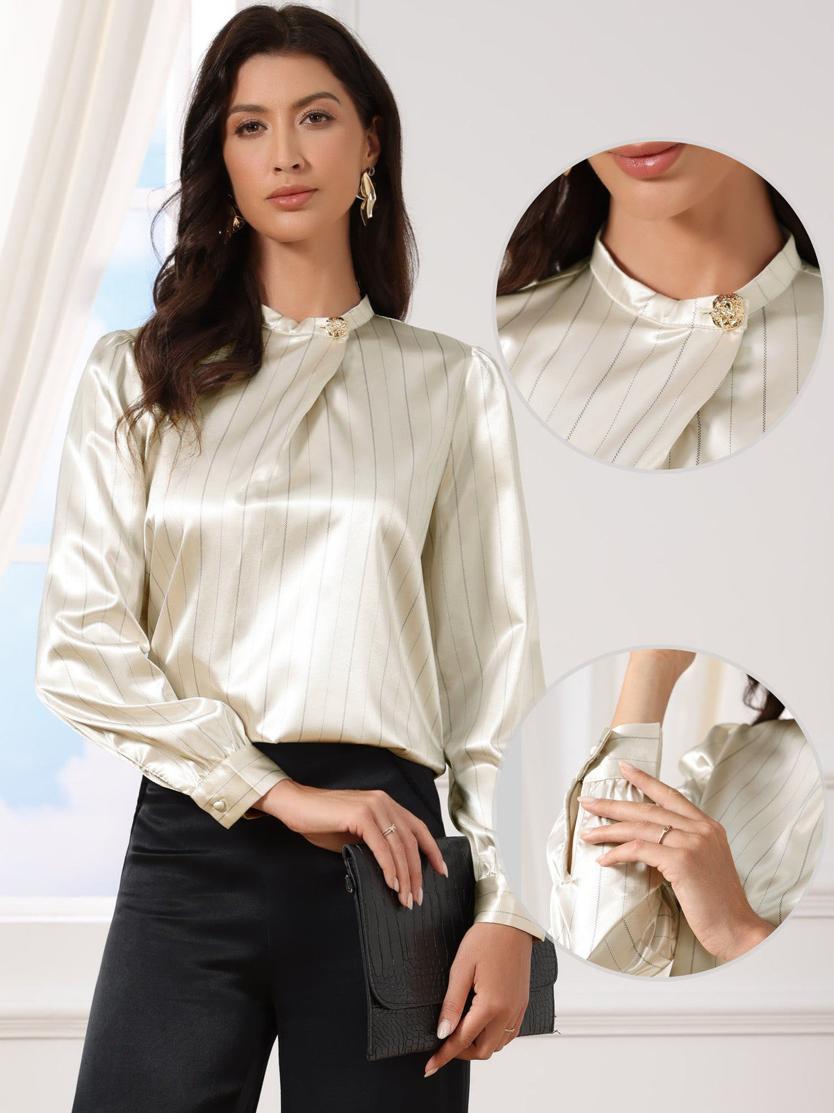 Satin Stand Collar Long Sleeve Dressy Work Blouse