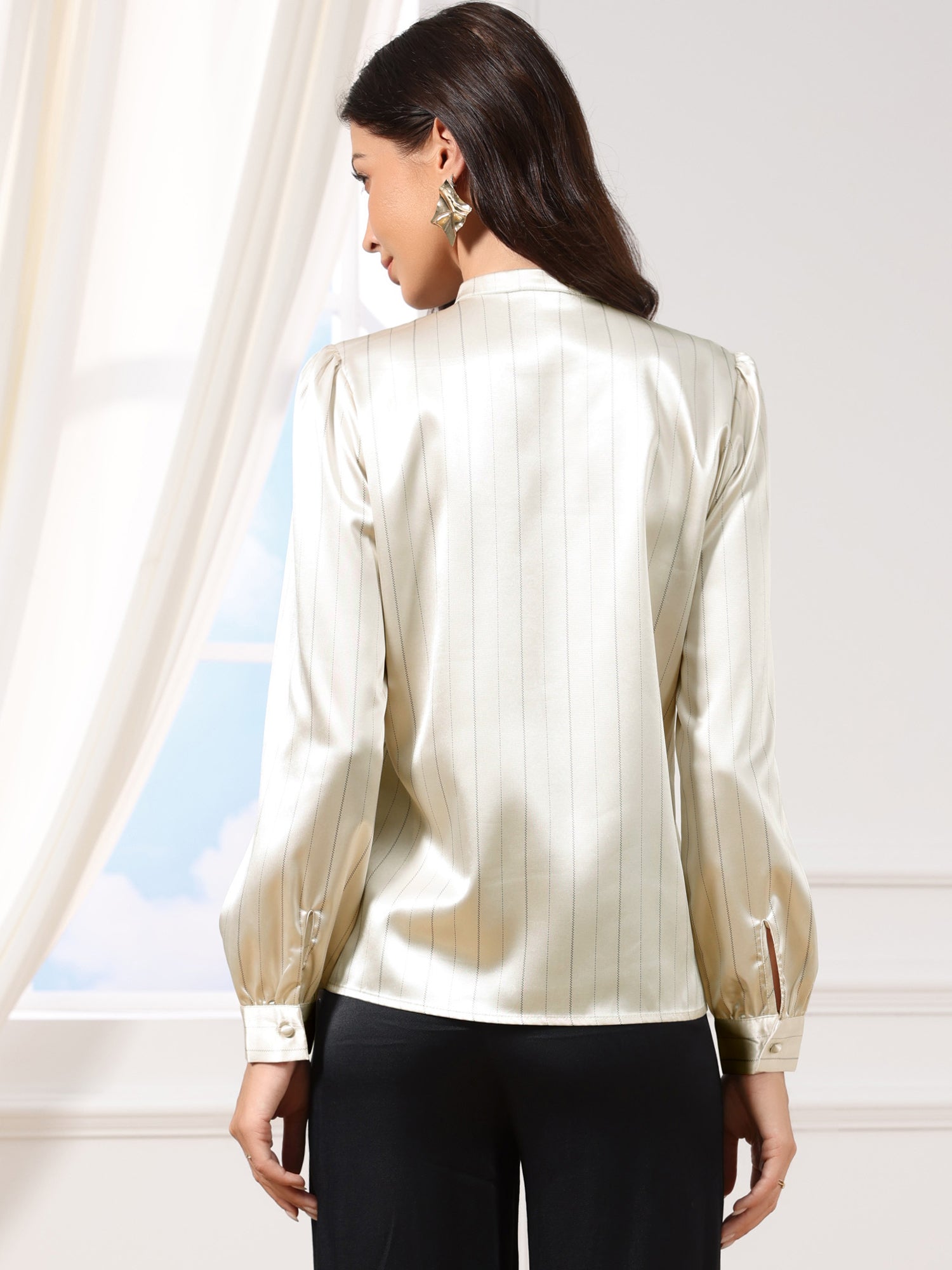 Satin Stand Collar Long Sleeve Dressy Work Blouse