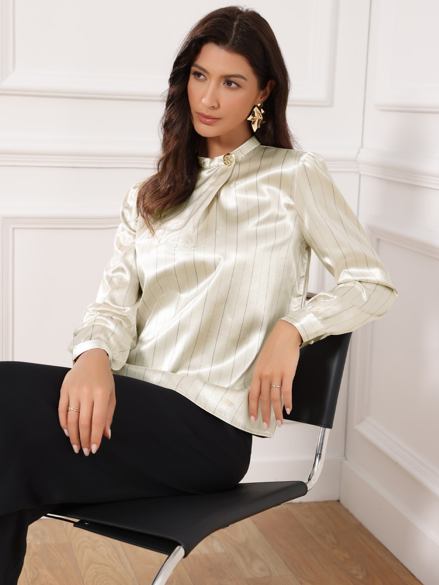 Satin Stand Collar Long Sleeve Dressy Work Blouse
