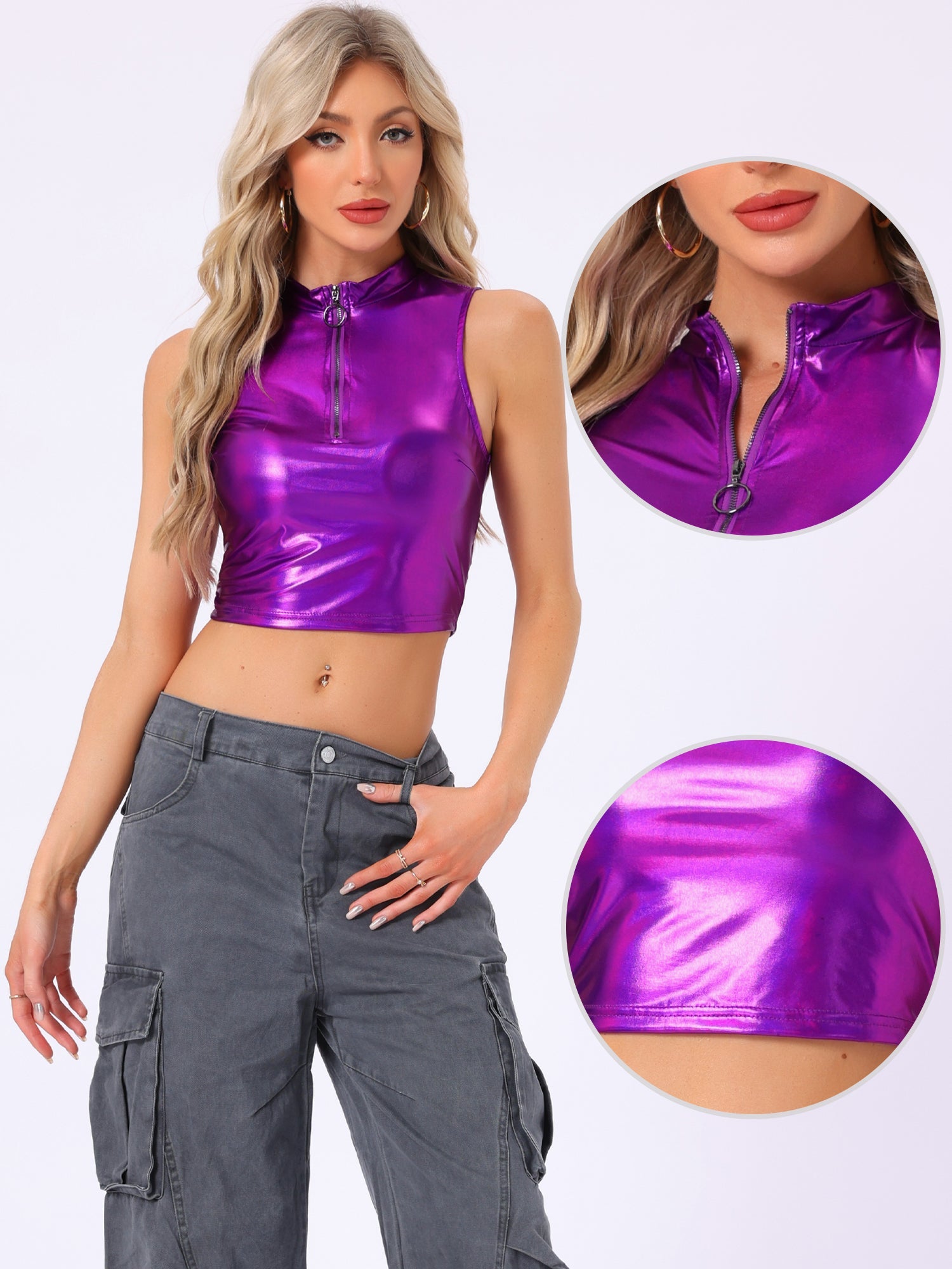 Metallic Crop Tops Mock Neck Zip Up Shiny Holographic Tank Top