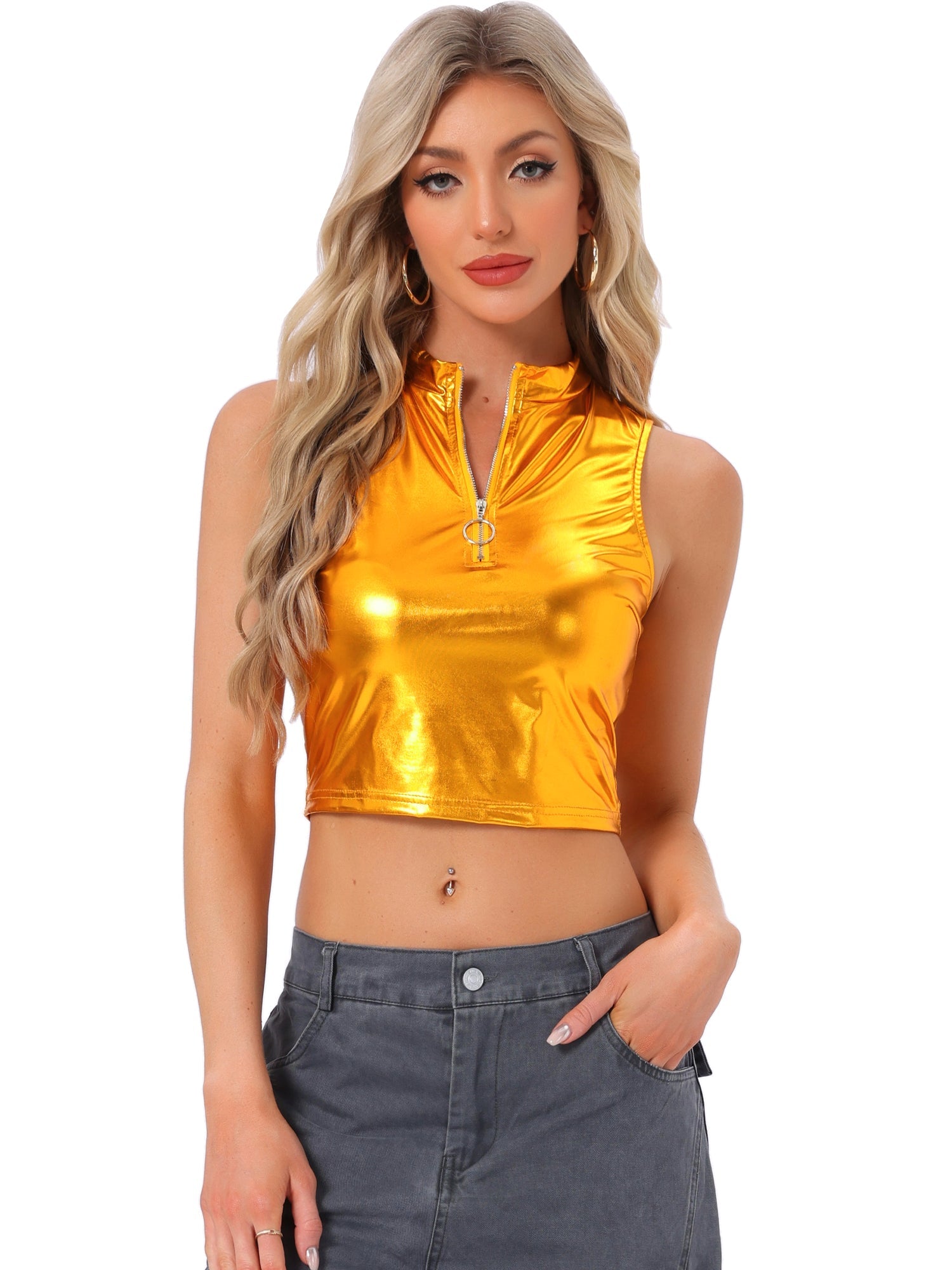 Metallic Crop Tops Mock Neck Zip Up Shiny Holographic Tank Top