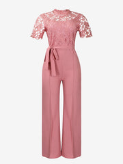 Lace Hollow Short Sleeves High Waist Straight Legs Jumpsuits