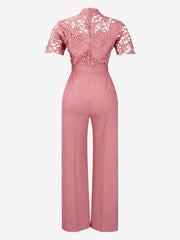 Lace Hollow Short Sleeves High Waist Straight Legs Jumpsuits