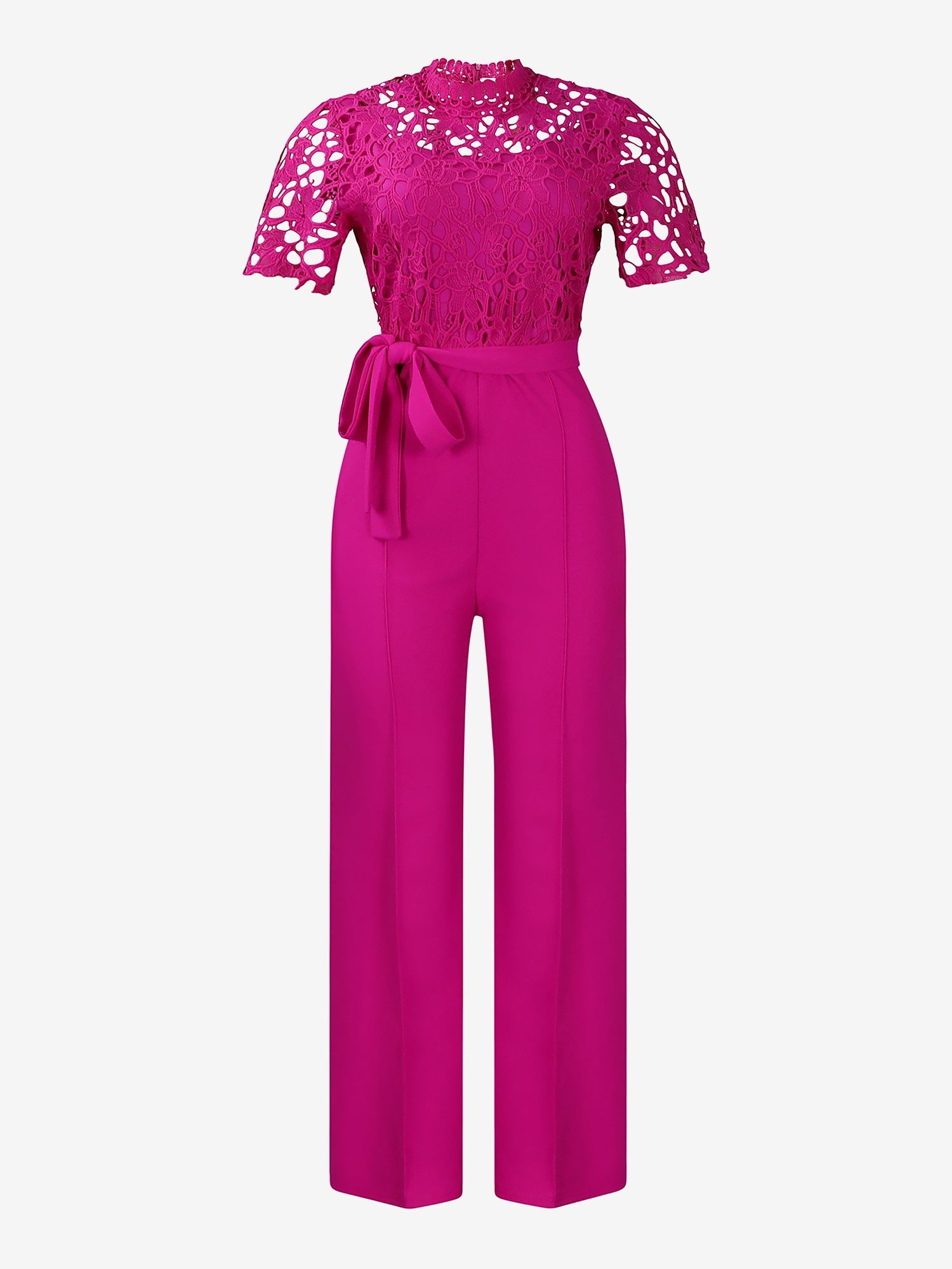 Lace Hollow Short Sleeves High Waist Straight Legs Jumpsuits