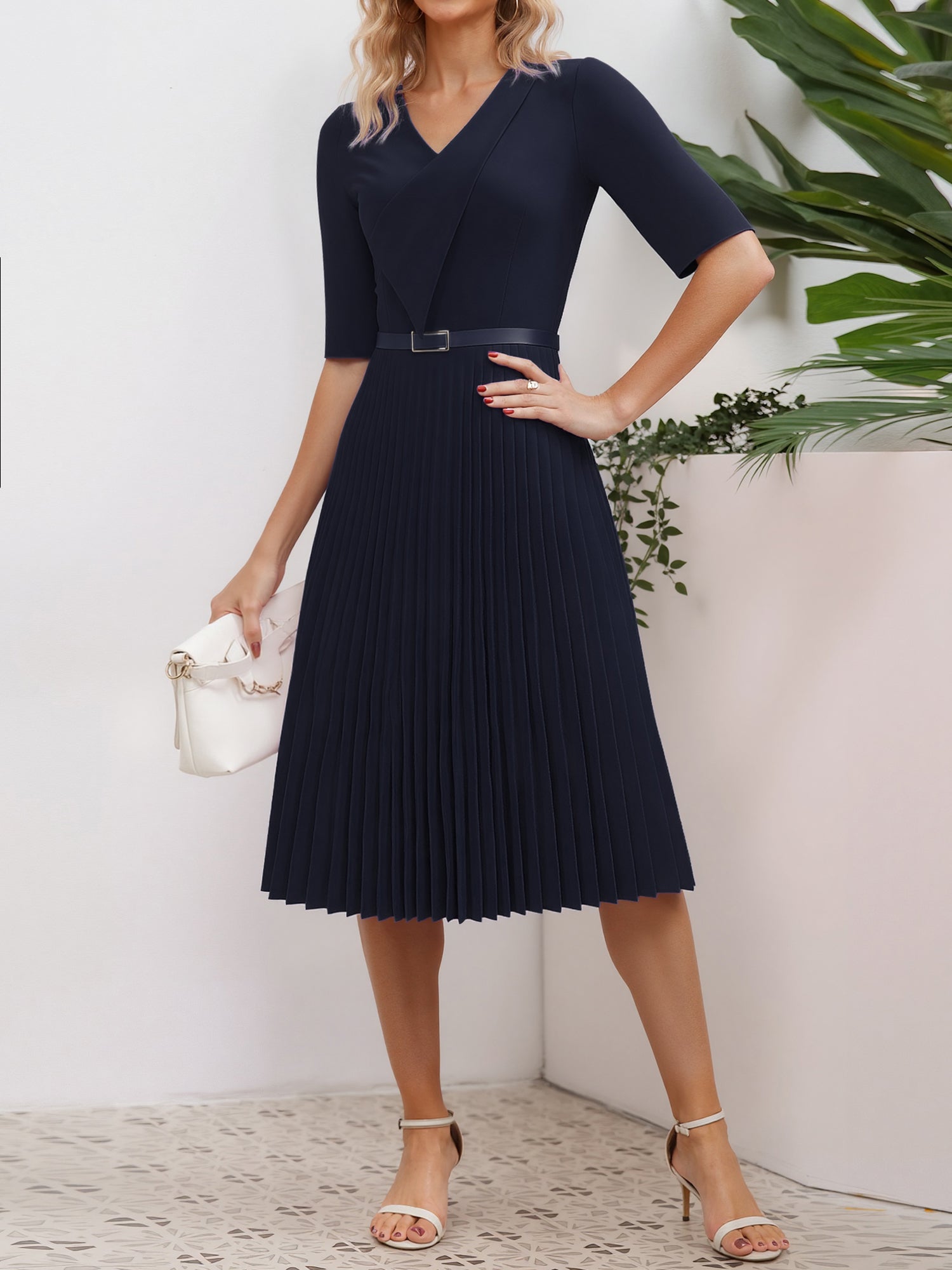 V Neck Short Sleeves Pleated Belted A-Line Midi Dress