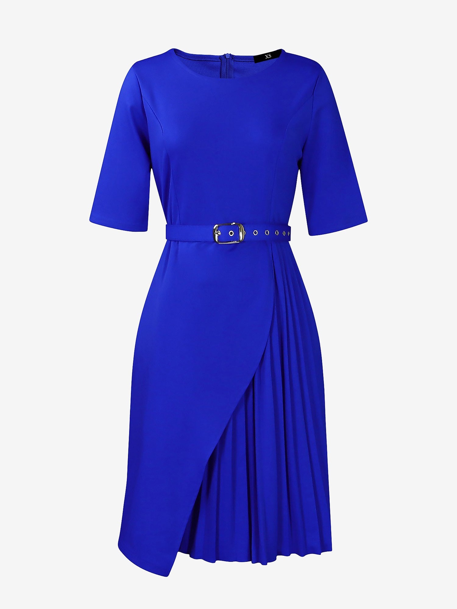 Round Neck Mid Sleeve Pleated Belted A-Line Dress