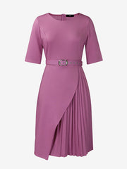 Round Neck Mid Sleeve Pleated Belted A-Line Dress