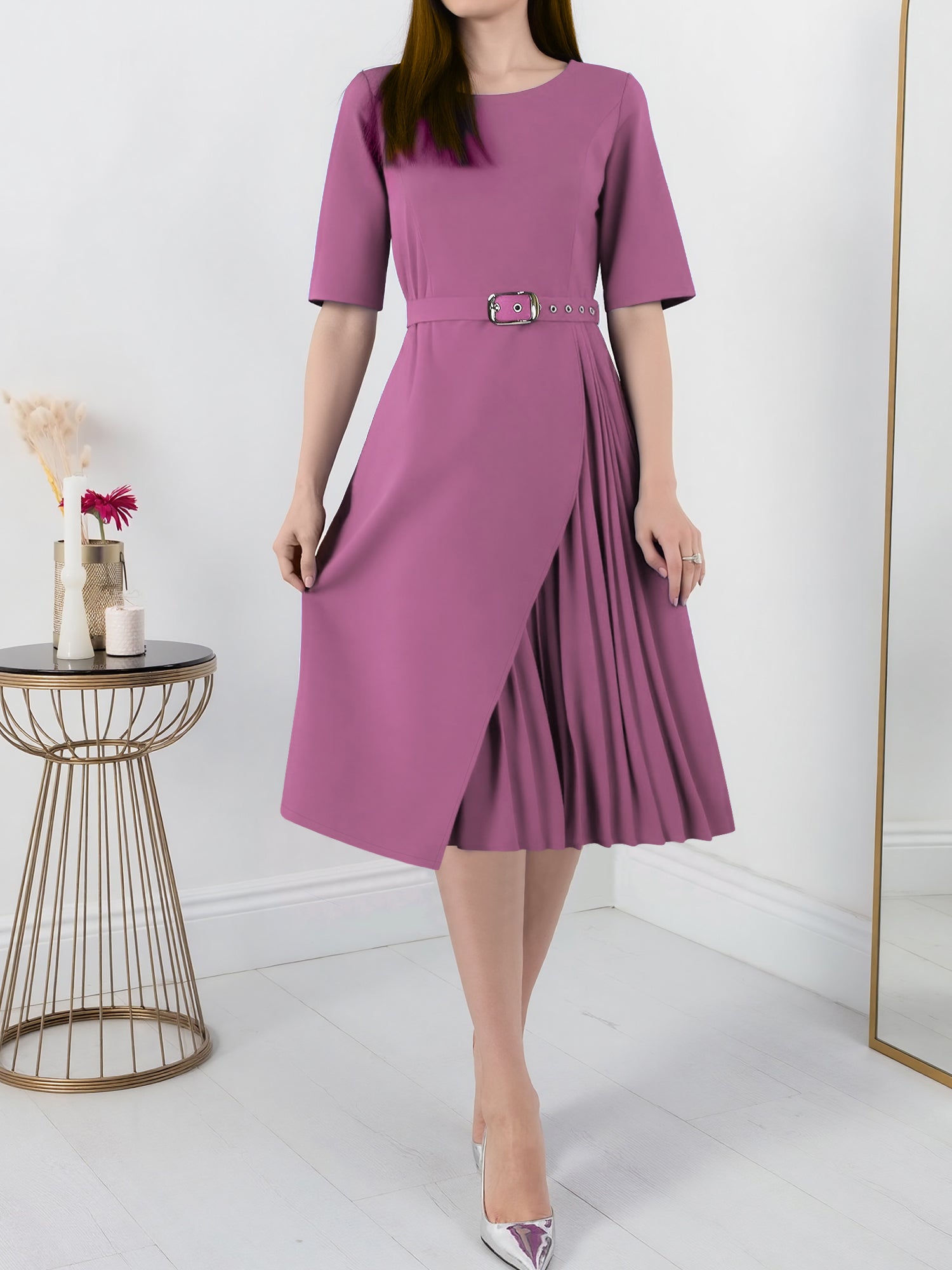 Round Neck Mid Sleeve Pleated Belted A-Line Dress