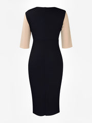 Colorblock Round Neck 3/4 Sleeves Sheath Dress