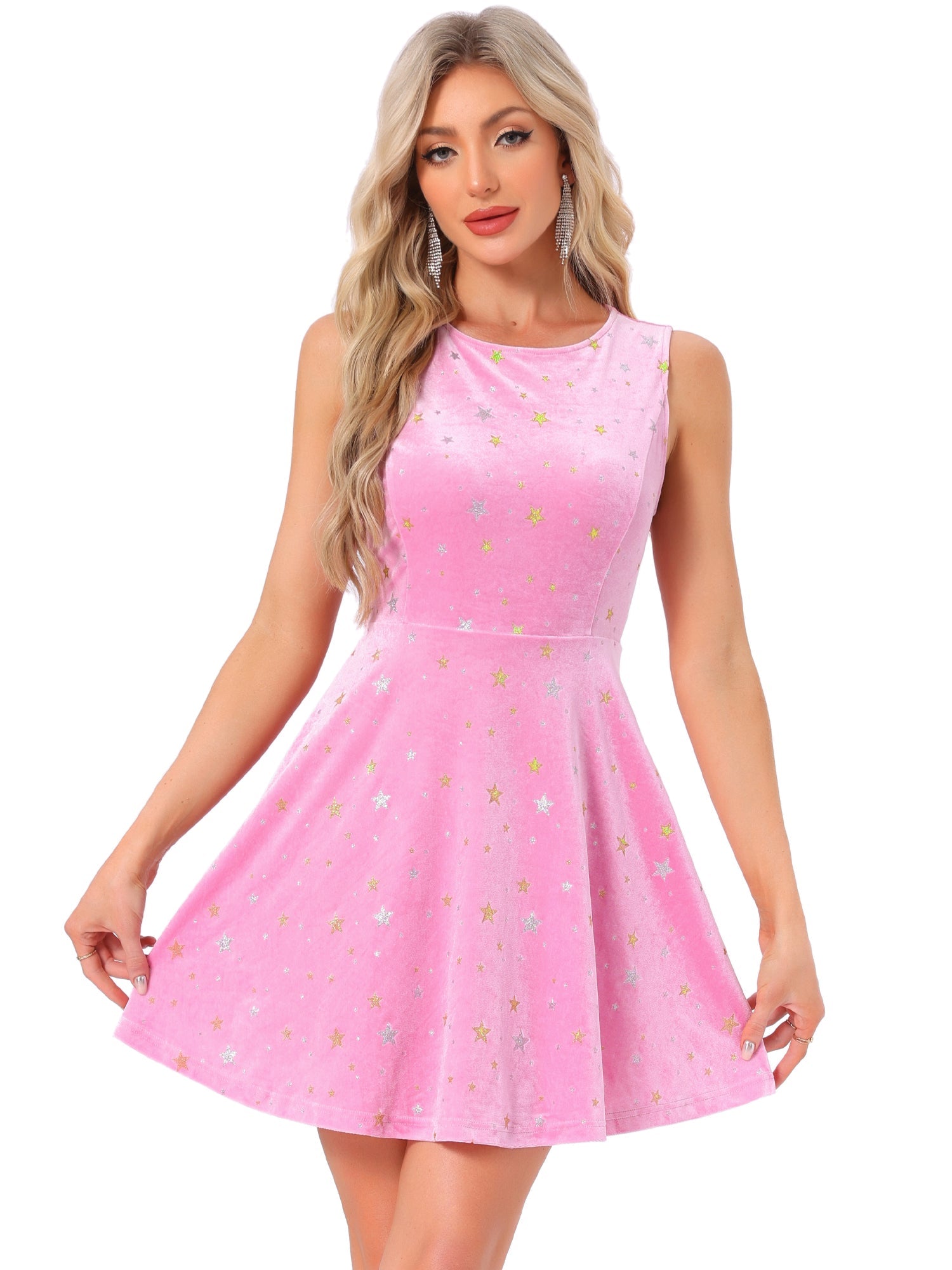Shiny Stars Print Sleeveless Swing Mini Velvet Dress