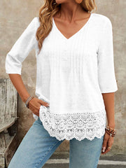 Swiss Dots Lace V Neck 3/4 Sleeves Pleated Blouse