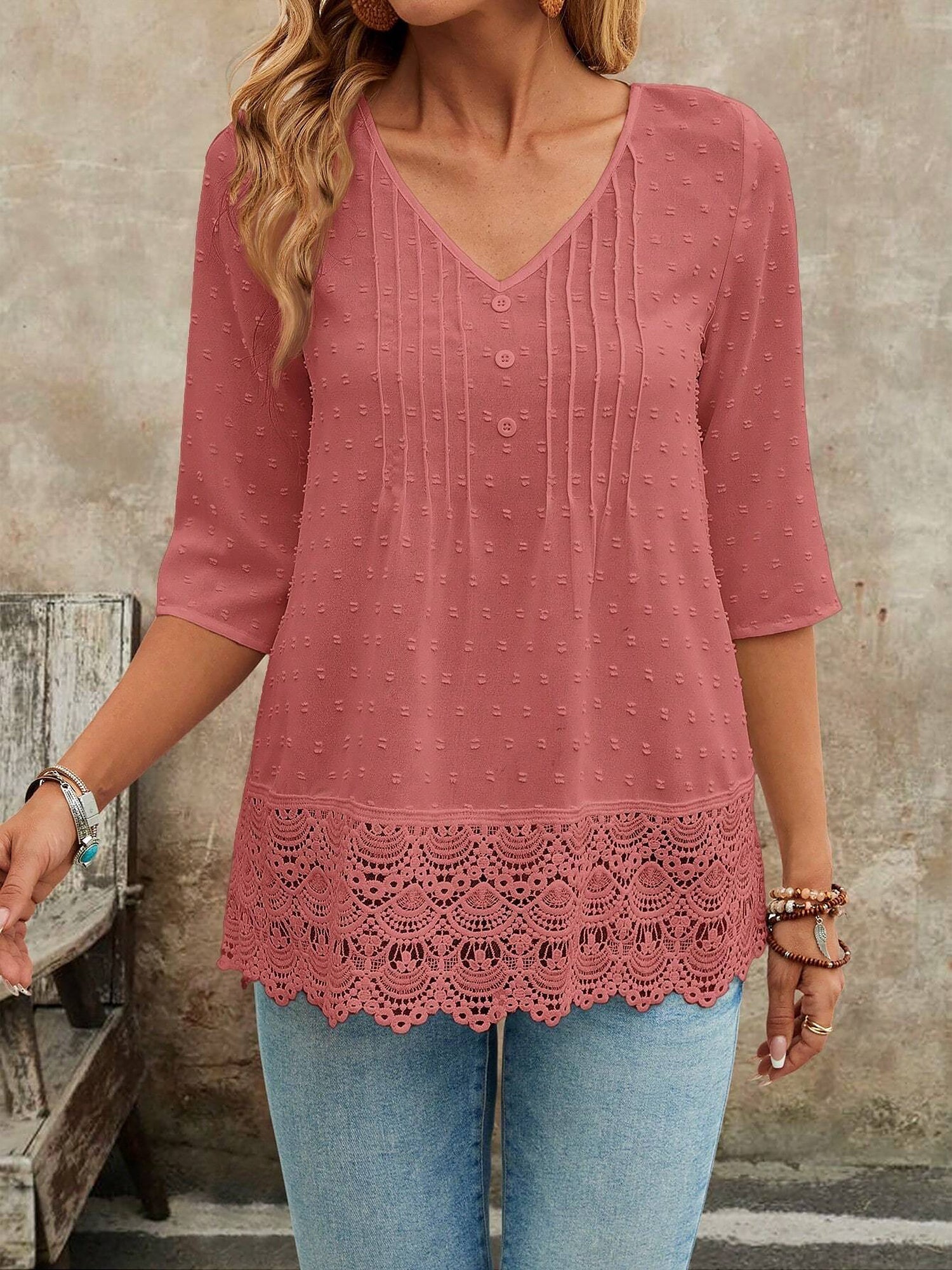 Swiss Dots Lace V Neck 3/4 Sleeves Pleated Blouse