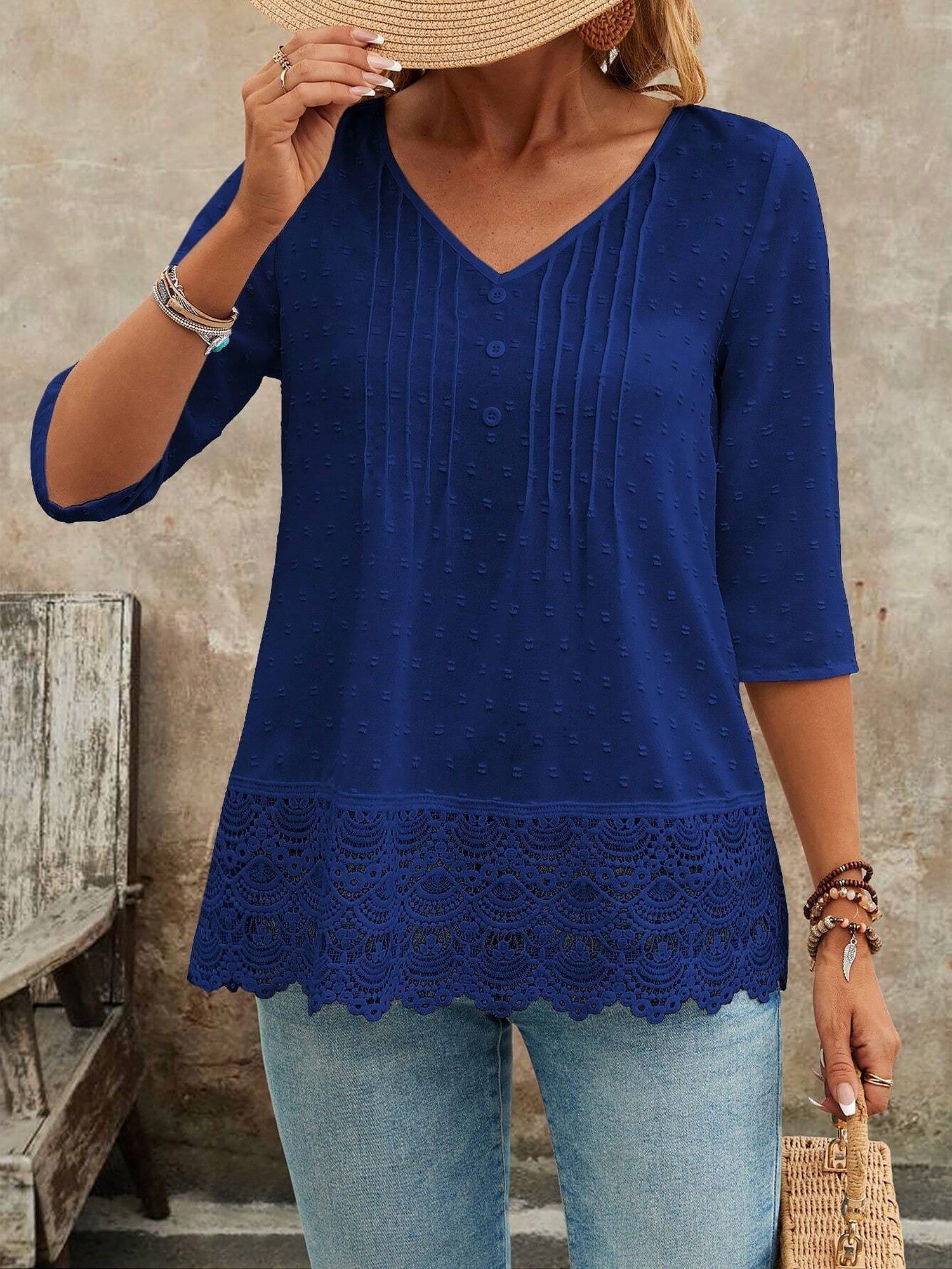 Swiss Dots Lace V Neck 3/4 Sleeves Pleated Blouse