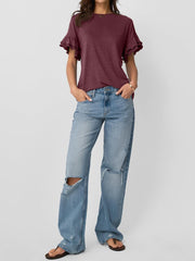 Solid Color Round Neck Ruffled Sleeve Blouse