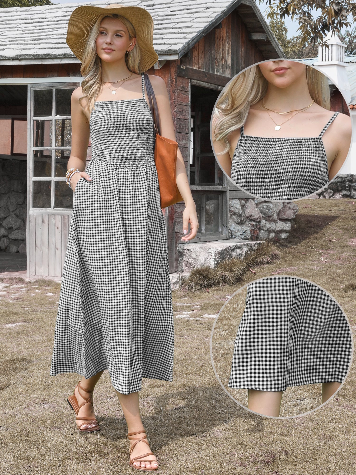 Gingham Spaghetti Strap Pockets Smocked A-Line Dress Sundress